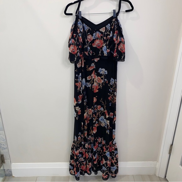 WHBM Black Red Blue Gold Floral Cold-Shoulder Metallic Embroidered Maxi Dress 6 - Picture 7 of 13